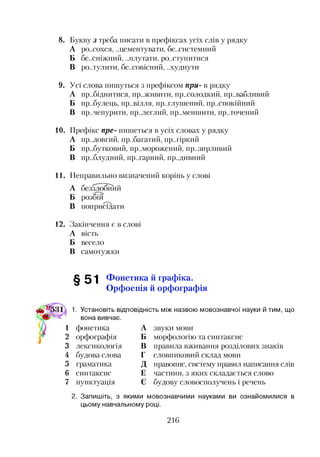 8. Букву з треба писати в префіксах усіх слів у рядку
А ро..сохся, ..цементувати, безсистемний
Б бе..сніжний, ..плутати, ро..ступитися
В ро..тулити, бе..совісний, ..худнути
9. Усі слова пишуться з префіксом при- в рядку
А пр..біднитися, пр..живити, пр..солодкий, пр..вабливий
Б пр..булець, пр..білля, пр..глушений, пр..спокійний
В пр..чепурити, пр..леглий, пр..меншити, пр..точений
10. Префікс пре- пишеться в усіх словах у рядку
А пр..довгий, пр..багатий, пр..гіркий
Б пр..бутковий, пр..морожений, пр..зирливий
В пр..блудний, пр..гарний, пр..дивний
11. Неправильно визначений корінь у слові
А беззлобний
Б розбій
В поприсідати
12. Закінчення є в слові
А вість
Б весело
В самотужки
§51 Фонетика й графіка.
Орфоепія й орфографія
1. Установіть відповідність між назвою мовознавчої науки й тим, що
вона вивчає.
звуки мови
морфологію та синтаксис
правила вживання розділових знаків
словниковий склад мови
правопис, систему правил написання слів
частини, з яких складається слово
будову словосполучень і речень2
1 фонетика А
2 орфографія Б
3 лексикологія В
4 будова слова Г
5 граматика д
6 синтаксис Е
7 пунктуація Є
2. Запишіть, з якими мовознавчими науками ви ознайомилися в
цьому навчальному році.
216
 