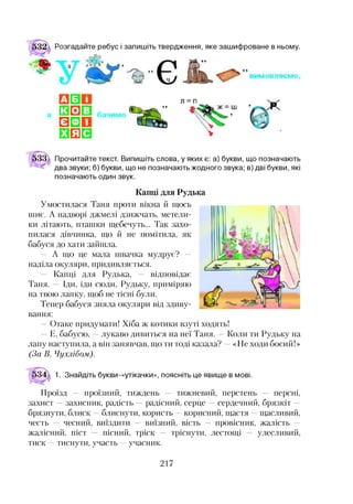 Розгадайте ребус і запишіть твердження, яке зашифроване в ньому.
а □ □ □
□□О
□ЕЗВ
бачимо
Прочитайте текст. Випишіть слова, у яких є: а) букви, що позначають
два звуки; б) букви, що не позначають жодного звука; в) дві букви, які
позначають один звук.
Капці для Рудька
Умостилася Таня проти вікна й щось
шиє. А надворі джмелі дзижчать, метели­
ки літають, пташки щебечуть... Так захо­
пилася дівчинка, що й не помітила, як
бабуся до хати зайшла.
— А що це мала швачка мудрує? —
наділа окуляри, придивляється.
— Капці для Рудька, — відповідає
Таня. — Іди, іди сюди, Рудьку, приміряю
на твою лапку, щоб не тісні були.
Тепер бабуся зняла окуляри від здиву­
вання:
—Отаке придумати! Хіба ж котики взуті ходять!
—Е, бабусю, —лукаво дивиться на неї Таня. —Коли ти Рудьку на
лапу наступила, а він занявчав, що ти тоді казала? —«Не ходи босий!»
(За В. Чухлібом).
1. Знайдіть букви-«утікачки», поясніть це явище в мові.
Проїзд — проїзний, тиждень — тижневий, перстень — персні,
захист —захисник, радість —радісний, серце —сердечний, брязкіт —
брязнути, блиск —блиснути, користь —корисний, щастя —щасливий,
честь — чесний, виїздити — виїзний, вість — провісник, жалість —
жалісний, піст — пісний, тріск — тріснути, лестощі — улесливий,
тиск —тиснути, участь —учасник.
217
 