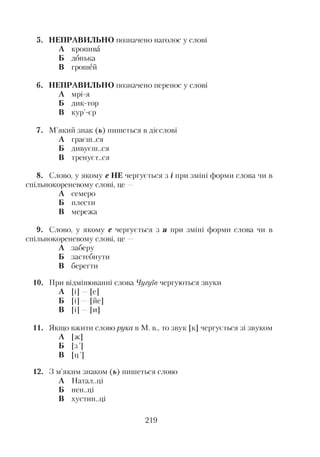 5. НЕПРАВИЛЬНО позначено наголос у слові
А кропива
Б донька
В грошей
6. НЕПРАВИЛЬНО позначено перенос у слові
А мрі-я
Б дик-тор
В кур’-єр
7. М’який знак (ь) пишеться в дієслові
А граєш..ся
Б дивуєш.,ся
В тренуєт..ся
8. Слово, у якому е НЕ чергується з і при зміні форми слова чи в
спільнокореневому слові, це —
А семеро
Б плести
В мережа
9. Слово, у якому е чергується з и при зміні форми слова чи в
спільнокореневому слові, це —
А заберу
Б застебнути
В берегти
10. При відмінюванні слова Чугуїв чергуються звуки
А [і] —[е]
Б [і] [йе]
В [і] —[и]
11. Якщо вжити слово рука в М. в., то звук [к] чергується зі звуком
А [ж]
Б [з']
В [ Ц ]
12. З м’яким знаком (ь) пишеться слово
А Натал..ці
Б нєн..ці
В хустин..ці
219
 