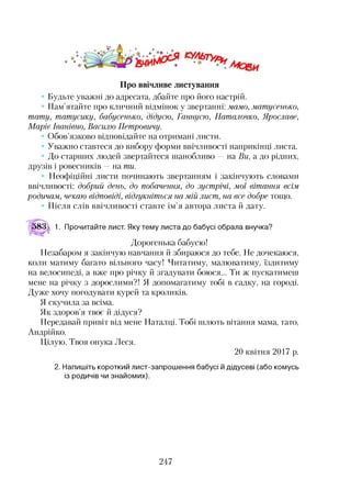 Про ввічливе листування
Будьте уважні до адресата, дбайте про його настрій.
Пам’ятайте про кличний відмінок у звертанні: мамо, матусенько,
тату, татусику, бабусенько, дідусю, Ганнусю, Наталочко, Ярославе,
Маріє Іванівно, Василю Петровичу.
Обов’язково відповідайте на отримані листи.
Уважно ставтеся до вибору форми ввічливості наприкінці листа.
До старших людей звертайтеся шанобливо —на Ви, а до рідних,
друзів і ровесників —на ти.
Неофіційні листи починають звертанням і закінчують словами
ввічливості: добрий день, до побачення, до зустрічі, мої вітання всім,
родичам, чекаю відповіді, відгукніться на мій лист., на все добре тощо.
Після слів ввічливості ставте ім’я автора листа й дату.
^83^ 1. Прочитайте лист. Яку тему листа до бабусі обрала внучка?
Дорогенька бабусю!
Незабаром я закінчую навчання й збираюся до тебе. Не дочекаюся,
коли матиму багато вільного часу! Читатиму, малюватиму, їздитиму
на велосипеді, а вже про річку й згадувати боюся... Ти ж пускатимеш
мене на річку з дорослими?! Я допомагатиму тобі в садку, на городі.
Дуже хочу погодувати курей та кроликів.
Я скучила за всіма.
Як здоров’я твоє й дідуся?
Передавай привіт від мене Наталці. Тобі шлють вітання мама, тато,
Андрійко.
Цілую. Твоя онука Леся.
20 квітня 2017 р.2
2. Напишіть короткий лист-запрошення бабусі й дідусеві (або комусь
із родичів чи знайомих).
247
 