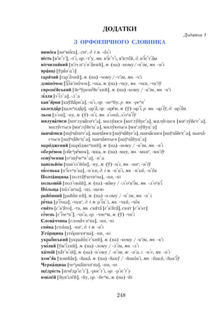 ДОДАТКИ
З О Р Ф О Е П ІЧ Н О Г О С Л О В Н И К А
Додаток 1
вимога [виемога], -гие, д. гм. -бз'і
вітчизняний [в’ічнйз'н'аний], м. (на) -ному/-н'ім, мн. -н'і
вранці [уран'ц'і]
гарячий [гар'ачий], м. (на) -чому/-ч’ім, мн. -ч’і
дзвіночок [дзв’інбчок], -чка, м. (на) -чку, мн. -чки, -чк’іу
європейський [йеиуропейс'кий], м. (на) -кому / -к’ім,лш. -к’і
зілля [з іл :а], -л :а
кав’ярня [кауйарн'а], -н'і, ор. -неийу, р. мн. -реин'
календар [калеиндар]г-ар'а, ор. -арем, м. (у) -ар'і, р. мн. -ар'іу, д. -ар'ам
льон [л'он], -ну, м. (у) -н'і, мн. л'онй, л'оУн'іу
милуватися [миелуватиес'а], милуюся [міґлуйус'а], милуєшся [міґлуйе'с'ш],
милується [миелуйеіц':а], милуються [миелуйуц':а]
навчатися [научатиес'а], навчаюся [научайус'а], навчаєшся [научайе'с'іа], навча­
ється [научайе'ц'ш], навчаються [научайуц':а]
народжений [народжеиний], м. (на) -йому / -н'ім, мн. -н'і
оберемок [обеиремок], -мка, м. (на) -мку, мн. -мкие, -мк’іу
озвучення [оузвучеин':а], -н':а
павільйон [пав’іл'йбн], -ну, м. (у) -н'і, мн. -ние, -н'іу
пісенька [п’ісеин'ка], -н'ки, д. ім . -н'ц'і, мн. -н'кй, -н'бк
Полтавщина [полтаушчі-ґна], -ни, -ні
польовйй [пол'овйй], м. (на) -вбму / -л'оув’ім, мн. -л'оув’і
Польща [пбл'шча], -щі, -щею
районний [районній], м. (на) -н:ому / -н':ім, мн. -н':і
річка [р'ічка], -чкие, д. і м. р'іц'н, мн. -чкй, -чбк
свято [с'в’ато], -та, мн. свята [с'в’ата], свят [св’ат]
січень [с,ічеин'], -чн'а, ор. -чнеим, м. (у) -чн'і
Словаччина [словачнйна], -ни, -ні
спйна [спйна], -ние, д. ім . -н'і
Угорщина [угбршчиена], -ни, -ні
український [украйін'с'кий], м. (на) -кому / -к’ім, мн. -к’і
умілий [ум’ілий], м. (на) -лому / -л'ім, мн. -л'і
хатній [хат'н'ій],м. (на) -н'ому / -н'ім; ж . -н'а; с. -н'е; мн. -н'і
хом’як [хомйак], -йака, м. (на) -йаку / -йакбв’і, мн. -йакй, -йак’іу
Черкащина [чеиркашчиена], -ни, -ні
щедрість [шчедрЙс'т'], -рос'т'і, ор. -р'іс'т'у
ювілей [йув’ілей], -йу, ор. -йеим, м. (на) -йі
248
 