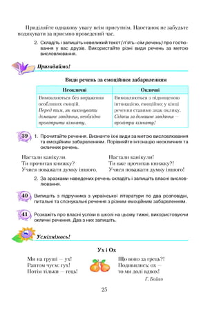 Приділяйте однакову увагу всім присутнім. Наостанок не забудьте
подякувати за приємно проведений час.
2. Складіть і запишіть невеликий текст(п ’ять-сім речень) про гостю­
вання у вас друзів. Використайте різні види речень за метою
висловлювання.
Пригадаймо!
Види речень за емоційним забарвленням
Неокличні Окличні
Вимовляються без вираження
особливих емоцій.
Перед тим, як виконувати
домашнє завдання, необхідно
провітрити кімнату.
Вимовляються з підвищеною
інтонацією, емоційно; у кінці
речення ставимо знак оклику.
Сідаєшза домашнєзавдання —
провітри кімнату!
Прочитайте речення. Визначте їхні види за метою висловлювання
та емоційним забарвленням. Порівняйте інтонацію неокличнихта
окличних речень.
Настали канікули. Настали канікули!
Ти прочитав книжку? Ти вже прочитав книжку?!
Учися поважати думку іншого. Учися поважати думку іншого!
2. За зразками наведених речень складіть і запишіть власні вислов­
лювання.
Випишіть з підручника з української літератури по два розповідні,
питальні та спонукальні речення з різним емоційним забарвленням.
Розкажіть про власні успіхи в школі на цьому тижні, використовуючи
окличні речення. Два з них запишіть.
Усміхнімось!
Ух і Ох
Ми на груші —ух!
Раптом чуєм: гух!
Потім тільки гець!
Що воно за грець?!
Подивились: ох
то ми долі вдвох!
Г. Бойко
25
 