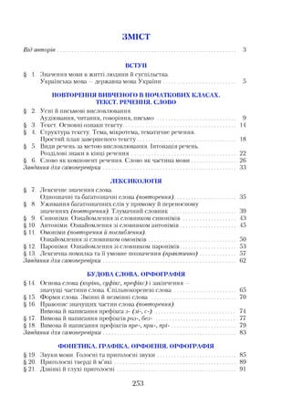 ЗМІСТ
Від авторів............................................................................................................. З
ВСТУП
§ 1. Значення мови в житті людини й суспільства.
Українська мова —державна мова України............................................ 5
ПОВТОРЕННЯ ВИВЧЕНОГО В ПОЧАТКОВИХ КЛАСАХ.
ТЕКСТ. РЕЧЕННЯ. СЛОВО
§ 2. Усні й письмові висловлювання.
Аудіювання, читання, говоріння, письмо ................................................ 9
§ 3. Текст. Основні ознаки тексту..................................................................... 14
§ 4. Структура тексту. Тема, мікротема, тематичне речення.
Простий план завершеного тексту............................................................ 18
§ 5. Види речень за метою висловлювання. Інтонація речень.
Розділові знаки в кінці речення............................................................... 22
§ 6. Слово як компонент речення. Слово як частина мови.......................... 26
Завдання для самоперевірки................................................................................. 33
ЛЕКСИКОЛОГІЯ
§ 7. Лексичне значення слова.
Однозначні та багатозначні слова (повторення)..................................... 35
§ 8. Уживання багатозначних слів у прямому й переносному
значеннях (повторення).Тлумачний словник ....................................... 39
§ 9. Синоніми. Ознайомлення зі словником синонімів............................... 43
§10. Антоніми. Ознайомлення зі словником антонімів................................. 45
§11. Омоніми (повторення й поглиблення).
Ознайомлення зі словником омонімів..................................................... 50
§12. Пароніми. Ознайомлення зі словником паронімів................................. 53
§13. Лексична помилка та її умовне позначення (практично)..................... 57
Завдання для самоперевірки................................................................................. 62
БУДОВА СЛОВА. ОРФОГРАФІЯ
§14. Основа слова (корінь, суфікс, префікс)і закінчення —
значущі частини слова. Спільнокореневі слова..................................... 65
§15. Форми слова. Змінні й незмінні слова ................................................... 70
§16. Правопис значущих частин слова (повторення).
Вимова й написання префікса з- (зі-, с-) ................................................ 74
§17. Вимова й написання префіксів роз-, без- ............................................... 77
§ 18. Вимова й написання префіксів пре-, при-, п рі-...................................... 79
Завдання для самоперевірки................................................................................. 83
ФОНЕТИКА. ГРАФІКА. ОРФОЕПІЯ. ОРФОГРАФІЯ
§19. Звуки мови. Голосні та приголосні звуки................................................ 85
§ 20. Приголосні тверді й м’я к і.......................................................................... 89
§21. Дзвінкі й глухі приголосні........................................................................ 91
253
 