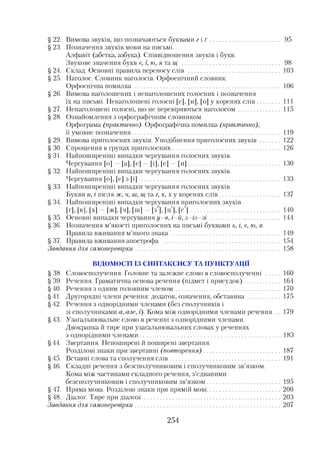 § 22. Вимова звуків, що позначаються буквами г і г ....................................... 95
§ 23. Позначення звуків мови на письмі.
Алфавіт (абетка, азбука). Співвідношення звуків і букв.
Звукове значення букв е, ї, ю, я.та щ ....................................................... 98
§ 24. Склад. Основні правила переносу слів ................................................... 103
§ 25. Наголос. Словник наголосів. Орфоепічний словник.
Орфоепічна помилка ................................................................................. 106
§ 26. Вимова наголошених і ненаголошених голосних і позначення
їх на письмі. Ненаголошені голосні [е], [и], [о] у коренях слів............ 111
§ 27. Ненаголошені голосні, що не перевіряються наголосом....................... 115
§ 28. Ознайомлення з орфографічним словником.
Орфограма (практично). Орфографічна помилка (практично),
її умовне позначення................................................................................... 119
§29. Вимова приголосних звуків. Уподібнення приголосних звуків...........122
§ ЗО. Спрощення в групах приголосних............................................................ 126
§31. Найпоширеніші випадки чергування голосних звуків.
Чергування [о] —[а], [е] —[і], [е] —[и]................................................... 130
§ 32. Найпоширеніші випадки чергування голосних звуків.
Чергування [о], [е] з [і] ............................................................................. 133
§ 33. Найпоширеніші випадки чергування голосних звуків.
Букви и, і після ж, ч, иі, щта г, к, х у коренях слів................................. 137
§ 34. Найпоширеніші випадки чергування приголосних звуків
11І-11' І- И - [ж], [ч], [ш] - [з], |п'|. |е '|................................................. 140
§35. Основні випадки чергування у -в , і-й, з - і з - з і....................................... 144
§ 36. Позначення м’якості приголосних на письмі буквами ь, і, є, ю, я.
Правила вживання м’якого знака ............................................................ 149
§37. Правила вживання апострофа ................................................................. 154
Завдання для самоперевірки................................................................................. 158
ВІДОМОСТІ ІЗ СИНТАКСИСУ ТА ПУНКТУАЦІЇ
§38. Словосполучення. Головне та залежне слово в словосполученні .......160
§ 39. Речення. Граматична основа речення (підмет і присудок)................... 164
§40. Речення з одним головним членом.......................................................... 170
§41. Другорядні члени речення: додаток, означення, обставина.................. 175
§ 42. Речення з однорідними членами (без сполучників і
зі сполучниками а, але, і). Кома між однорідними членами речення .. 179
§ 43. Узагальнювальне слово в реченні з однорідними членами.
Двокрапка й тире при узагальнювальних словах у реченнях
з однорідними членами.................................................................................183
§ 44. Звертання. Непоширені й поширені звертання.
Розділові знаки при звертанні (повторення)........................................... 187
§45. Вставні слова та сполучення слів ............................................................ 191
§ 46. Складні речення з безсполучниковим і сполучниковим зв’язком.
Кома між частинами складного речення, з’єднаними
безсполучниковим і сполучниковим зв’язком......................................... 195
§ 47. Пряма мова. Розділові знаки при прямій мові........................................ 200
§ 48. Діалог. Тире при діалозі .............................................................................203
Завдання для самоперевірки...................................................................................207
254
 
