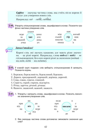 Суфікс — значуща частина слова, яка стоїть після кореня й
слугує для утворення нових слів.
Наприклад: сад — садок, садовий.
Утворіть спільнокореневі слова, зашифровані в колах. Позначте гра­
фічно частини утворених слів.
альня
пере
за
ацький
ачка
ання
ати
анка
ач
між
ський
ництво
онька
няк
Запам ’ятаймо!
Корені слів, які звучать однаково, але мають різне значен­
ня, —це різні корені. Наприклад, слова водний і водій — не
спільнокореневі, бо в них корені різні за значенням (водний —
від вода, водій —від водити).
У кожній групі поданих слів виберіть спільнокореневі й запишіть.
Позначте корінь.
1. Бережок, бережливість, бережливий, бережно.
2. Дорога, придорожній, дорожній, доріжка, дорогий.
3. Сова, совок, совеня, совиний.
4. Сирість, сирий, сирник, відсиріти.
5. Річка, заріччя, річний, річище.
6. Важити, зважений, важкий, зважати.
1. Утворіть і запишіть слова, зашифровані в колах. Поясніть лексич­
не значення утворених слів.
ви недо о
при до при с
ВІД віз за під писати за
на V пере на пере
в під в ви
об до
2. Яка значуща частина слова допомагає змінювати значення цих
слів?
67
 