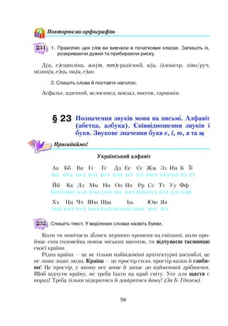 П овт орю єм о орф ограф ію
1. Правопис цих слів ви вивчали в початкових класах. Запишіть їх,
розкриваючи дужки та прибираючи риску.
Д(и, в)сципліна, жи(те, тете)єрадісний, к (и, і)лометр, ліво/руч,
мізин^г/, с)ць, ок(и, е ) 'А .
2. Спишіть слова й поставте наголос.
Асфальт, вдячний, велосипед, вокзал, внесок, гармонія.
§ 2 3 Позначення звуків мови на письмі. Алфавіт
(абетка, азбука). Співвідношення звуків і
букв. Звукове значення букв є, ї, ю , я та щ
Пригадаймо!
Український алфавіт
Аа Бб Вв Гг Ґґ Дд Ее Єє Жж Зз Ии Іі Її
(а) (бе) (ве) (ге) (ґе) (де) (е) (є) (же) (зе) (и) (і) (ї)
Йй Кк Лл Мм Еін Оо Пп Рр Сс Тт Уу Фф
(йот) (ка) (ел)(ем) (єн) (о) (пе) (ер) (ес) (те) (у) (еф)
Хх Цц Чч Шш Щщ Ьь Юю Яя
(ха) (це) (че) (ша) (гца) (м’який знак) (ю) (я)
Спишіть текст. У виділених словах назвіть букви.
Коли ти помічаєш зблиск першого променя на світанні, коли про­
ймає спів соловейка поміж міських висоток, ти відчуваєш таємницю
своєї країни.
Рідна країна —це не тільки найвідоміші архітектурні ансамблі, це
не лише знані люди. Країна —це простір сили, простір казки й глиби­
ни! Це простір, у якому все живе й дихає до найменшої дрібнички.
Щоб відчути країну, не треба їхати на край світу. Усе для щастя є
поряд! Треба тільки відкритися й довіритися йому! (За Б. Гдалем).
98
 