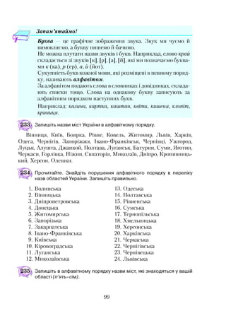 Запам ’ятаймо!
Буква — це графічне зображення звука. Звук ми чуємо й
вимовляємо, а букву пишемо й бачимо.
Не можна плутати назви звуків і букв. Наприклад, слово край
складається зі звуків [к], [р], [а], [й], які ми позначаємо буква­
ми к (ка), р (ер), а, й (йот).
Сукупність букв кожної мови, які розміщені в певному поряд­
ку, називають алфавітом.
За алфавітом подають слова в словниках і довідниках, склада­
ють списки тощо. Слова на однакову букву записують за
алфавітним порядком наступних букв.
Наприклад: калина, картка, каштан, квіти, кишеня, клопіт,
криниця.
Запишіть назви міст України в алфавітному порядку.
Вінниця, Київ, Боярка, Рівне, Ковель, Житомир, Львів, Харків,
Одеса, Чернігів, Запоріжжя, Івано-Франківськ, Чернівці, Ужгород,
Луцьк, Алушта, Джанкой, Полтава, Луганськ, Батурин, Суми, Яготин,
Черкаси, Горлівка, Ніжин, Євпаторія, Миколаїв, Дніпро, Кропивниць-
кий, Херсон, Олешки.
Прочитайте. Знайдіть порушення алфавітного порядку в переліку
назв областей України. Запишіть правильно.
1. Волинська
2. Вінницька
3. Дніпропетровська
4. Донецька
5. Житомирська
6. Запорізька
7. Закарпатська
8. Івано-Франківська
9. Київська
10. Кіровоградська
11. Луганська
12. Миколаївська
13. Одеська
14. Полтавська
15. Рівненська
16. Сумська
17. Тернопільська
18. Хмельницька
19. Херсонська
20. Харківська
21. Черкаська
22. Чернігівська
23. Чернівецька
24. Львівська
Запишіть в алфавітному порядку назви міст, які знаходяться у вашій
області (п ’ять- сім).
99
 