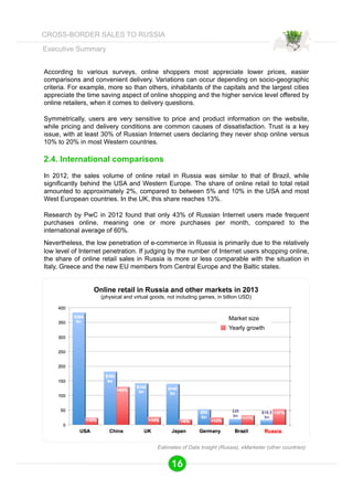 Executive Summary 
According to various surveys, online shoppers most appreciate lower prices, easier 
comparisons and convenient delivery. Variations can occur depending on socio-geographic 
criteria. For example, more so than others, inhabitants of the capitals and the largest cities 
appreciate the time saving aspect of online shopping and the higher service level offered by 
online retailers, when it comes to delivery questions. 
Symmetrically, users are very sensitive to price and product information on the website, 
while pricing and delivery conditions are common causes of dissatisfaction. Trust is a key 
issue, with at least 30% of Russian Internet users declaring they never shop online versus 
10% to 20% in most Western countries. 
2.4. International comparisons 
In 2012, the sales volume of online retail in Russia was similar to that of Brazil, while 
significantly behind the USA and Western Europe. The share of online retail to total retail 
amounted to approximately 2%, compared to between 5% and 10% in the USA and most 
West European countries. In the UK, this share reaches 13%. 
Research by PwC in 2012 found that only 43% of Russian Internet users made frequent 
purchases online, meaning one or more purchases per month, compared to the 
international average of 60%. 
Nevertheless, the low penetration of e-commerce in Russia is primarily due to the relatively 
low level of Internet penetration. If judging by the number of Internet users shopping online, 
the share of online retail sales in Russia is more or less comparable with the situation in 
Italy, Greece and the new EU members from Central Europe and the Baltic states. 
Online retail in Russia and other markets in 2013 
(physical and virtual goods, not including games, in billion USD) 
Market size 
Yearly growth 
Estimates of Data Insight (Russia), eMarketer (other countries) 
16 
CROSS-BORDER SALES TO RUSSIA 
 