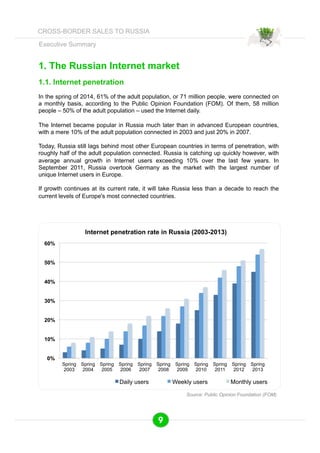 1. The Russian Internet market 
1.1. Internet penetration 
In the spring of 2014, 61% of the adult population, or 71 million people, were connected on 
a monthly basis, according to the Public Opinion Foundation (FOM). Of them, 58 million 
people – 50% of the adult population – used the Internet daily. 
The Internet became popular in Russia much later than in advanced European countries, 
with a mere 10% of the adult population connected in 2003 and just 20% in 2007. 
Today, Russia still lags behind most other European countries in terms of penetration, with 
roughly half of the adult population connected. Russia is catching up quickly however, with 
average annual growth in Internet users exceeding 10% over the last few years. In 
September 2011, Russia overtook Germany as the market with the largest number of 
unique Internet users in Europe. 
If growth continues at its current rate, it will take Russia less than a decade to reach the 
current levels of Europe's most connected countries. 
60% 
50% 
40% 
30% 
20% 
10% 
0% 
Spring 
2003 
Internet penetration rate in Russia (2003-2013) 
Spring 
2004 
Spring 
2005 
Spring 
2006 
Spring 
2007 
Spring 
2008 
Spring 
2009 
Spring 
2010 
Spring 
2011 
Spring 
2012 
Spring 
2013 
Daily users Weekly users Monthly users 
Source: Public Opinion Foundation (FOM) 
Executive Summary 
9 
CROSS-BORDER SALES TO RUSSIA 
 