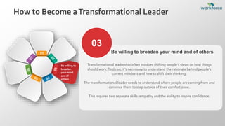 How to Become aTransformational Leader
01
Be willing to
broaden
your mind
and of
others
03
Transformational leadership often involves shifting people’s views on how things
should work.To do so, it’s necessary to understand the rationale behind people’s
current mindsets and how to shift their thinking.
The transformational leader needs to understand where people are coming from and
convince them to step outside of their comfort zone.
This requires two separate skills: empathy and the ability to inspire confidence.
Be willing to broaden your mind and of others
 