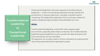 While
Transformational
Leadership
Vs
Transactional
Leadership
Transactional leadership is the exact opposite of transformational
leadership — it relies on motivating employees through rewards and
punishments. It requires supervision, oversight, and performance-
monitoring.This leadership model doesn’t try to innovate. Instead, it’s
rooted in keeping things consistent and predictable over time.
Transformational leadership, on the other hand, supports agile
environments, especially where failure carries less risk.Transformational
leadership leaves people free to come up with new ideas and look at the
future of products, services and ideas.
This approach can increase a team’s intrinsic motivation by expressing the
value and purpose behind the organisation’s goals.
 