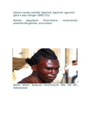 Outros nomes yorùbá: ègùnmò, ègùnmò, agunmò
gàrà e òdú (Verger 1995:721)
Nomes populares: Erva-moura, maria-preta,
pimenta-de-galinha, erva-mocó.
Nome latino: Solanum americanum Mill. Vel aff.,
Solanaceae
 