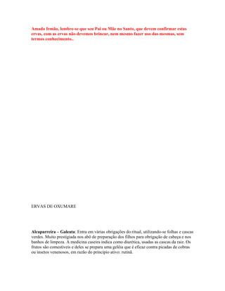 Amado Irmão, lembre-se que seu Pai ou Mãe no Santo, que devem confirmar estas
ervas, com as ervas não devemos brincar, nem mesmo fazer uso das mesmas, sem
termos conhecimento..
ERVAS DE OXUMARE
Alcaparreira – Galeata: Entra em várias obrigações do ritual, utilizando-se folhas e cascas
verdes. Muito prestigiada nos abô de preparação dos filhos para obrigação de cabeça e nos
banhos de limpeza. A medicina caseira indica como diurética, usadas as cascas da raiz. Os
frutos são comestíveis e deles se prepara uma geléia que é eficaz contra picadas de cobras
ou insetos venenosos, em razão do princípio ativo: rutinã.
 