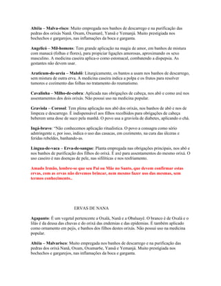 Altéia – Malva-risco: Muito empregada nos banhos de descarrego e na purificação das
pedras dos orixás Nanã. Oxum, Oxumarê, Yansã e Yemanjá. Muito prestigiada nos
bochechos e gargarejos, nas inflamações da boca e garganta.
Angelicó – Mil-homens: Tem grande aplicação na magia de amor, em banhos de mistura
com manacá (folhas e flores), para propiciar ligações amorosas, aproximando os sexo
masculino. A medicina caseira aplica-o como estomacal, combatendo a dispepsia. As
gestantes não devem usar.
Araticum-de-areia – Malolô: Liturgicamente, os bantos a usam nos banhos de descarrego,
sem mistura de outra erva. A medicina caseira indica a polpa e os frutos para resolver
tumores e cozimento das folhas no tratamento do reumatismo.
Cavalinha – Milho-de-cobra: Aplicada nas obrigações de cabeça, nos abô e como axé nos
assentamentos dos dois orixás. Não possui uso na medicina popular.
Graviola – Corosol: Tem plena aplicação nos abô dos orixás, nos banhos de abô e nos de
limpeza e descarrego. É indispensável aos filhos recolhidos para obrigações de cabeça
beberem uma dose de suco pela manhã. O povo usa a graviola de diabetes, aplicando o chá.
Ingá-bravo: “Não conhecemos aplicação ritualística. O povo a consagra como sério
adstringente e, por isso, indica o uso das casacas, em cozimento, na cura das úlceras e
feridas rebeldes, banhando-as.
Língua-de-vaca – Erva-de-sangue: Planta empregada nas obrigações principais, nos abô e
nos banhos de purificação dos filhos do orixá. É axé para assentamentos do mesmo orixá. O
uso caseiro é nas doenças de pele, nas sifilíticas e nos resfriamento.
Amado Irmão, lembre-se que seu Pai ou Mãe no Santo, que devem confirmar estas
ervas, com as ervas não devemos brincar, nem mesmo fazer uso das mesmas, sem
termos conhecimento..
ERVAS DE NANA
Agapanto: É um vegetal pertencente a Oxalá, Nanã e a Obaluayê. O branco é de Oxalá e o
lilás é da deusa das chuvas e do orixá das endemias e das epidemias. É também aplicado
como ornamento em pejis, e banhos dos filhos destes orixás. Não possui uso na medicina
popular.
Altéia – Malvarisco: Muito empregada nos banhos de descarrego e na purificação das
pedras dos orixá Nanã, Oxum, Oxumar6e, Yansã e Yemanjá. Muito prestigiada nos
bochechos e gargarejos, nas inflamações da boca e garganta.
 