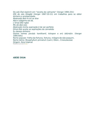 Do odú Òsé òwónrín em “receita de calmante” (Verger 1995:251)
Ofó do odu Èjìogbè (Verger 1967:10-11) em trabalhos para se obter
dinheiro e prosperidade.
Àbámodá àbá mi kò se àìse
Àbá ti alágemo bá dá,
L’òrìsà Okè ngbà
Mo dá àbá owo
Àbámodá minha aspiração é de ser perfeito
Òrìsà Okè aceite as aspirações do camaleão
Eu desejo dinheiro
Outros nomes yorubá: kantíkantí, kóropon e erú òdúndún. (Verger
1995:641)
Nome popular: Folha-da-fortuna, fortuna, milagre-de-são-joaquim,
Nome latino: Bryophyllum pinnatum (Lam.) Oken., Crassulaceae
Origem: Ásia tropical.
Postado por Eduardo Abiodun às 07:58
ABEBE OXUM
 