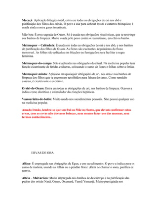 Macaçá: Aplicação litúrgica total, entra em todas as obrigações de ori nos abô e
purificação dos filhos dos orixás. O povo a usa para debelar tosses e catarros brônquios; é
usada ainda contra gases intestinais.
Mãe-boa: É erva sagrada de Oxum. Só é usada nas obrigações ritualísticas, que se restringe
aos banhos de limpeza. Muito usada pelo povo contra o reumatismo, em chá ou banho.
Malmequer – Calêndula: É usada em todas as obrigações de ori e nos abô, e nos banhos
de purificação dos filhos de Oxum. As flores são excitantes, reguladoras do fluxo
menstrual. As folhas são aplicadas em fricções ou fumigações para facilitar a regra
feminina.
Malmequer-do-campo: Não é aplicada nas obrigações do ritual. Na medicina popular tem
função cicatrizante de feridas e úlceras, colocando o sumo de flores e folhas sobre a ferida.
Malmequer-miúdo: Aplicado em quaisquer obrigações de ori, nos abô e nos banhos de
limpeza dos filhos que se encontram recolhidos para feitura do santo. Como remédio
caseiro, é cicatrizante e excitante.
Orriri-de-Oxum: Entra em todas as obrigações de ori, nos banhos de limpeza. O povo a
indica como diurético e estimulador das funções hepáticas.
Vassourinha-de-botão: Muito usado nos sacudimentos pessoais. Não possui qualquer uso
na medicina popular.
Amado Irmão, lembre-se que seu Pai ou Mãe no Santo, que devem confirmar estas
ervas, com as ervas não devemos brincar, nem mesmo fazer uso das mesmas, sem
termos conhecimento..
ERVAS DE OBA
Alface: É empregada nas obrigações de Egun, e em sacudimentos. O povo a indica para os
casos de insônia, usando as folhas ou o pendão floral. Além de chamar o sono, pacifica os
nervos.
Altéia – Malvarisco: Muito empregada nos banhos de descarrego e na purificação das
pedras dos orixás Nanã, Oxum, Oxumarê, Yansã Yemanjá. Muito prestigiada nos
 