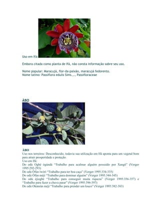 Uso em Ifá:
Embora citada como planta de Ifá, não consta informação sobre seu uso.
Nome popular: Maracujá, flor-da-paixão, maracujá fedorento.
Nome latino: Passiflora edulis Sims.,., Passifloraceae
ÀBO
ÀBO
Uso nos terreiros: Desconhecido, todavia sua utilização em Ifá aponta para um vegetal bom
para atrair prosperidade e proteção.
Uso em Ifá:
Do odú Ogbè ògúndá “Trabalho para acalmar alguém possuído por Xangô” (Verger
1995:292-293)
Do odú Òfún ìwòrì “Trabalho para ter boa caça” (Verger 1995:334-335)
Do odú Òfún méjì “Trabalho para dominar alguém” (Verger 1995:344-345)
Do odú èjiogbè “Trabalho para conseguir muita riqueza” (Verger 1995:356-357) e
“Trabalho para fazer a chuva parar” (Verger 1995:396-397)
Do odú Okànràn méjì “Trabalho para prender um louco” (Verger 1995:382-383)
 