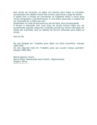 Nos rituais de iniciação, no àgbo, em banhos para todos os iniciados,
sacralização dos objetos rituais dos orixás e para lavar o jogo de búzios.
O akòko tem a função de concretizar os trabalhos feitos e serve para
coroar obrigações e assentamentos. É uma folha associada a realeza daí
ser chamada de "a folha dos reis".
Espalhadas no chão do barracão em dia de festa, atrai prosperidade.
A árvore e adornada com uma faixa de tecido branco (Öjá) por ser
considerada sagrada. Segundo a tradição yorubá seu tronco não pode ser
ferido por machado, faca ou objetos de ferro.É utilizadas para todos os
orixás.
Uso em Ifá:
Do odu Èjìogbè em “trabalho para obter um título honorífico” (Verger
1995:349).
Do odu Ògundá méjì em “trabalho para que ouçam nossas opiniões”
(Verger 1995:381).
Nome popular: Acocô
Nome latino: Newbouldia laevis Seem., Bignoniaceae.
Origem: África.
Postado por Eduardo Abiodun às 20:37
 