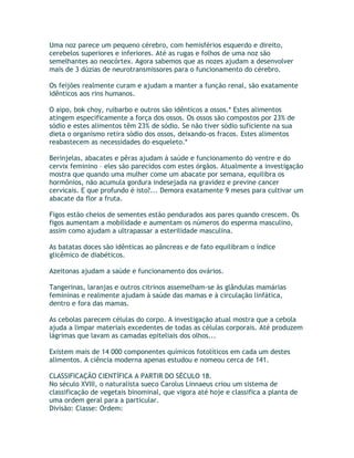 Uma noz parece um pequeno cérebro, com hemisférios esquerdo e direito,
cerebelos superiores e inferiores. Até as rugas e folhos de uma noz são
semelhantes ao neocórtex. Agora sabemos que as nozes ajudam a desenvolver
mais de 3 dúzias de neurotransmissores para o funcionamento do cérebro.
Os feijões realmente curam e ajudam a manter a função renal, são exatamente
idênticos aos rins humanos.
O aipo, bok choy, ruibarbo e outros são idênticos a ossos.* Estes alimentos
atingem especificamente a força dos ossos. Os ossos são compostos por 23% de
sódio e estes alimentos têm 23% de sódio. Se não tiver sódio suficiente na sua
dieta o organismo retira sódio dos ossos, deixando-os fracos. Estes alimentos
reabastecem as necessidades do esqueleto.*
Berinjelas, abacates e pêras ajudam à saúde e funcionamento do ventre e do
cervix feminino – eles são parecidos com estes órgãos. Atualmente a investigação
mostra que quando uma mulher come um abacate por semana, equilibra os
hormônios, não acumula gordura indesejada na gravidez e previne cancer
cervicais. E que profundo é isto?... Demora exatamente 9 meses para cultivar um
abacate da flor a fruta.
Figos estão cheios de sementes estão pendurados aos pares quando crescem. Os
figos aumentam a mobilidade e aumentam os números do esperma masculino,
assim como ajudam a ultrapassar a esterilidade masculina.
As batatas doces são idênticas ao pâncreas e de fato equilibram o índice
glicêmico de diabéticos.
Azeitonas ajudam a saúde e funcionamento dos ovários.
Tangerinas, laranjas e outros citrinos assemelham-se às glândulas mamárias
femininas e realmente ajudam à saúde das mamas e à circulação linfática,
dentro e fora das mamas.
As cebolas parecem células do corpo. A investigação atual mostra que a cebola
ajuda a limpar materiais excedentes de todas as células corporais. Até produzem
lágrimas que lavam as camadas epiteliais dos olhos...
Existem mais de 14 000 componentes químicos fotolíticos em cada um destes
alimentos. A ciência moderna apenas estudou e nomeou cerca de 141.
CLASSIFICAÇÃO CIENTÍFICA A PARTIR DO SÉCULO 18.
No século XVIII, o naturalista sueco Carolus Linnaeus criou um sistema de
classificação de vegetais binominal, que vigora até hoje e classifica a planta de
uma ordem geral para a particular.
Divisão: Classe: Ordem:
 