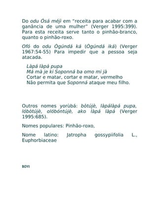 Do odu Ósá méjì em “receita para acabar com a
ganância de uma mulher” (Verger 1995:399).
Para esta receita serve tanto o pinhão-branco,
quanto o pinhão-roxo.
Ofó do odu Ògúndá ká (Ògúndá iká) (Verger
1967:54-55) Para impedir que a pessoa seja
atacada.
Làpá làpá pupa
Má mà je ki Soponná ba omo mi jà
Cortar e matar, cortar e matar, vermelho
Não permita que Soponná ataque meu filho.
Outros nomes yorùbá: bòtújè, làpálàpá pupa,
lóbòtújè, olóbóntújè, ako làpá làpá (Verger
1995:685).
Nomes populares: Pinhão-roxo,
Nome latino: Jatropha gossypiifolia L.,
Euphorbiaceae
BOYI
 