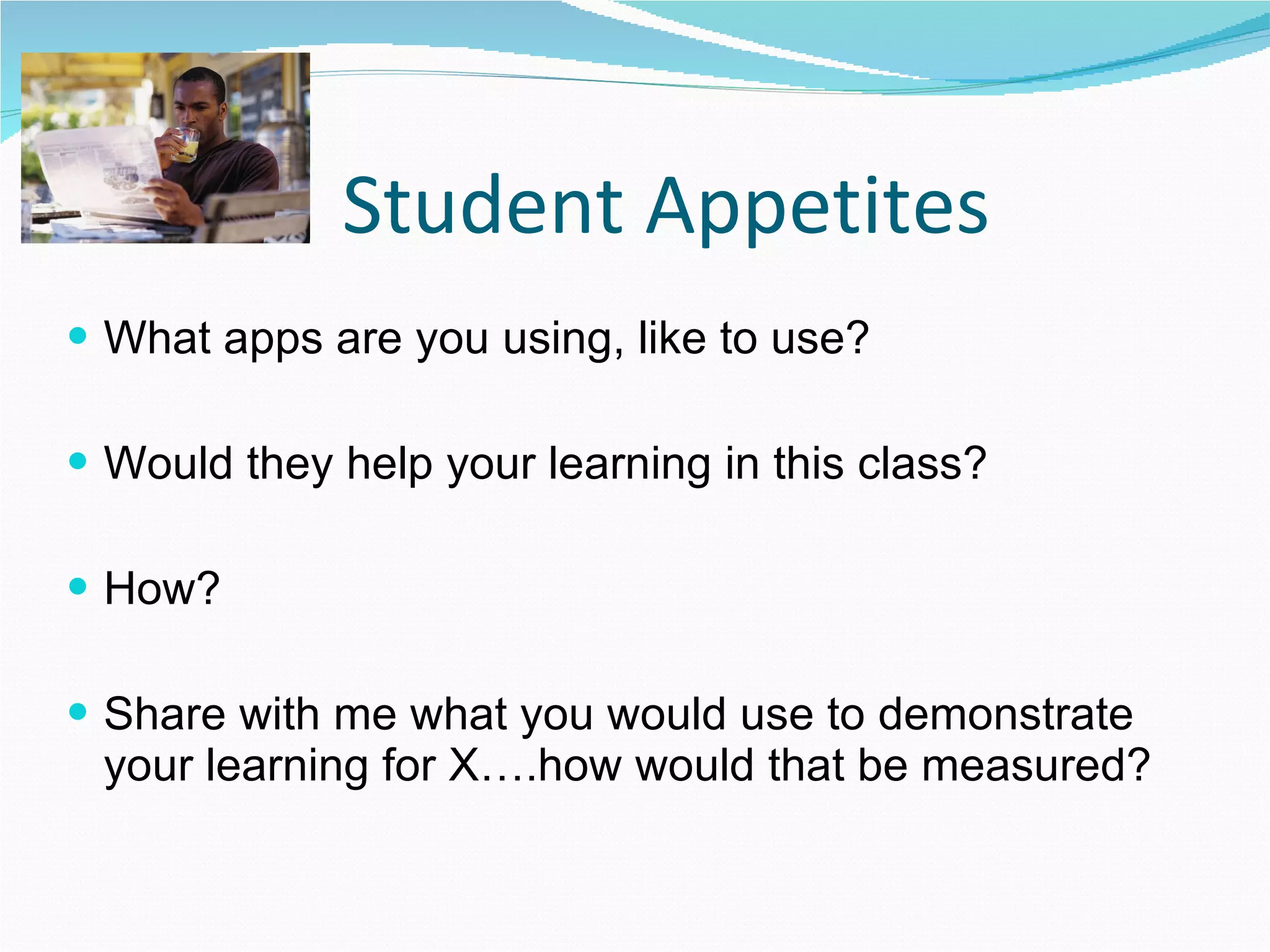 Student Appetites What apps are you using, like to use? Would they help your learning in this class? How? Share with me what you would use to demonstrate your learning for X….how would that be measured? 