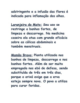 adstringente e a infusão das flores é
indicada para inflamação dos olhos.
Laranjeira do Mato: Seu uso se
restringe a banhos fortes, de
limpeza e descarrego. Na medicina
caseira ela atua com grande eficácia
sobre as cólicas abdominais e
também menstruais.
Mamão Bravo: Planta utilizada nos
banhos de limpeza, descarrego e nos
banhos fortes. Além de ser muito
empregada nos ebó de defesa, sendo
substituída de três em três dias,
porque o orixá exige que a erva
esteja sempre nova. O povo a utiliza
para curar feridas.
 