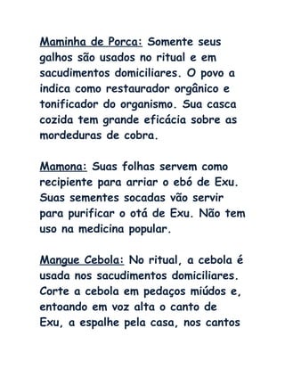 Maminha de Porca: Somente seus
galhos são usados no ritual e em
sacudimentos domiciliares. O povo a
indica como restaurador orgânico e
tonificador do organismo. Sua casca
cozida tem grande eficácia sobre as
mordeduras de cobra.
Mamona: Suas folhas servem como
recipiente para arriar o ebó de Exu.
Suas sementes socadas vão servir
para purificar o otá de Exu. Não tem
uso na medicina popular.
Mangue Cebola: No ritual, a cebola é
usada nos sacudimentos domiciliares.
Corte a cebola em pedaços miúdos e,
entoando em voz alta o canto de
Exu, a espalhe pela casa, nos cantos
 