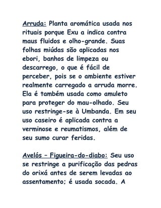 Arruda: Planta aromática usada nos
rituais porque Exu a indica contra
maus fluidos e olho-grande. Suas
folhas miúdas são aplicadas nos
ebori, banhos de limpeza ou
descarrego, o que é fácil de
perceber, pois se o ambiente estiver
realmente carregado a arruda morre.
Ela é também usada como amuleto
para proteger do mau-olhado. Seu
uso restringe-se à Umbanda. Em seu
uso caseiro é aplicada contra a
verminose e reumatismos, além de
seu sumo curar feridas.
Avelós – Figueira-do-diabo: Seu uso
se restringe a purificação das pedras
do orixá antes de serem levadas ao
assentamento; é usada socada. A
 