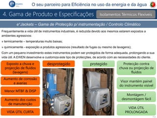 P 8
O seu parceiro para Eficiência no uso da energia e da água
Frequentemente a vida útil de instrumentos industriais, é reduzida devido aos mesmos estarem expostos a
ambientes agressivos:
» termicamente – temperaturas muito baixas;
» quimicamente - exposição a produtos agressivos (resultado de fugas ou mesmo de lavagens);
Com um pequeno investimento estes instrumentos podem ser protegidos de forma adequada, prolongando a sua
vida útil. A EWEN desenvolve e customiza este tipo de protecções, de acordo com as necessidades do cliente.
e+Jackets – Gama de Protecção p/ instrumentação / Controlo Climático
desprotegido protegido Protecção contra
chuva ou projecção de
fluídos
Visor mantém painel
do instrumento visível
Montágem /
desmontágem fácil
VIDA ÚTIL
PROLONGADA
Exposto a chuva e
projecção de fluídos
(lavagens)
VIDA ÚTIL CURTA
Aumento de corrosão
e avarias
Aumento dos custos
de manutenção
Menor MTBF & DISP
Isolamentos Térmicos Flexíveis
4. Gama de Produto e Especificações
 
