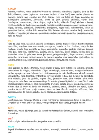 SANGO
Fortuna, cambará, romã, umbaúba branca ou vermelha, tamarindo, jaqueira, erva de São
João, alfavaca, xanan (aipim ou carurú sem espinho – para Barú), erva tostão, pimenta de
macaco, carurú sem espinho ou Oyó, branda fogo ou folha de fogo, azedinha ou
avinagueira, campainha, jaborandi, crista de galo, gerânio cheiroso, capim fino,
flamboyant, carrapeteira, cinco chagas, capim limão, alibé de Xangô (folhas e favas),
orobô, castanha do Pará, vence demanda, oxibatá vermelho, urucum, cascaveleira ou xique-
xique, cajueiro, camboatá, cruzeirinho, manjerona, negra-mina, salsaparrilha, iroko ou
gameleira branca, kitoko, lírio vermelho, lírio branco, elevante, aroeira, beijo vermelho,
capeba, erva prata, jarrinha ou cipó milomi, malva, para-raio, panacéia, mangericão roxo,
pena de Xangô.

OYÁ
Pata de vaca rosa, fedegoso, aroeira, dormideira, pinhão branco e roxo, bambú (folhas),
maravilha, trombeta rosa, erva tostão, erva prata, espada de Sta. Bárbara, lança de Sta.
Bárbara, branda fogo ou folha de fogo, campainha, mutamba, gerânio cheiroso, taquari,
fruta pão, para-raio, flamboyant, quiabo, amora, maracujá, cinco chagas, oxibatá rosa ou
vermelho, crista de galo, erva santa, jaborandi, peregum rajado, língua de vaca, umbaúba
vermelha, carurú sem espinho, canela de macaco, capeba, erva passarinho, cipó milomi ou
jarrinha, malva rosa, negra mina, parietária, rama de leite, taioba branca.

OSUN
Erva capitão ou abebê d’Oxum, picão, melão d’água, cipó milomi ou jarrinha, lavanda,
vassourinha de relógio, pimentinha d’água ou oripepê, bem me quer, mangericão branco,
melão, aguapé, elevante, hibisco, beti cheiroso ou aperta ruão, beti branco, sândalo, carurú
sem espinho, cana de jardim, brilhantina, trevo de quatro folhas, mal me quer ou calêndula,
erva cidreira, pata de galinha, capim fino, jambeiro rosa, erva vintém, erva doce,
pitangueira, mãe boa, macassá ou catinga de mulata, girassol (pétalas), erva de Sta. Luzia,
oxibatá amarelo ou branco, oriri, vassourinha d’Oxum, canela, alface, assa peixe, cabelo de
Vênus, flor de ouro ou botão de orunmilá, cajueiro, cravo, dinheiro em penca, dólar,
jasmim, tapete d’Oxum, poejo, colônia, lótus, melissa, flor de laranjeira, alfazema, lírio,
agoniada, amor do campo, capeba, malva branca, parietária, rama de leite.

LOGUN
Combinação das folhas de Osòósi e Osum (verificar os caminhos para haver o equilíbrio) +
Coqueiro de Vênus, chifre de veado, comigo ninguém pode verde, peregum rajado.

YEWÁ
Maravilha, batata de purga, cana de jardim ou bananeira de jardim, oxibatá lilás, tomateiro,
dormideira.

OBÁ
Vitória régia, oxibatá vermelho, tangerina, rosa vermelha.

IBEJI
Sapoti, flamboyant, quiabo, cana de açúcar, maracujá, bananeira, abacaxi, araruta, poejo,
uva.
 