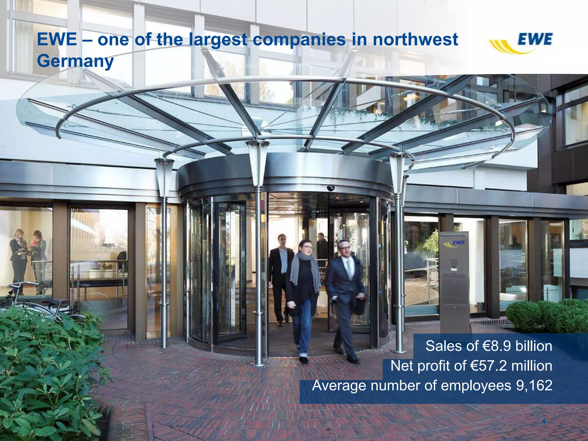 EWE – one of the largest companies in northwest
Germany
4
Sales of €8.9 billion
Net profit of €57.2 million
Average number of employees 9,162
 