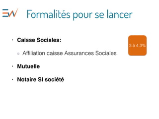 Formalités pour se lancer
• Caisse Sociales:
Affiliation caisse Assurances Sociales
• Mutuelle
• Notaire SI société
3 à 4,3%
 