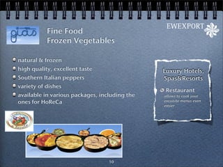 Fine Food
           Frozen Vegetables

natural & frozen
high quality, excellent taste                  Luxury Hotels,
Southern Italian peppers                       Spas&Resorts
variety of dishes
                                                Restaurant
available in various packages, including the   allows to cook your
ones for HoReCa                                excuisite menus even
                                               easier




                                  10
 