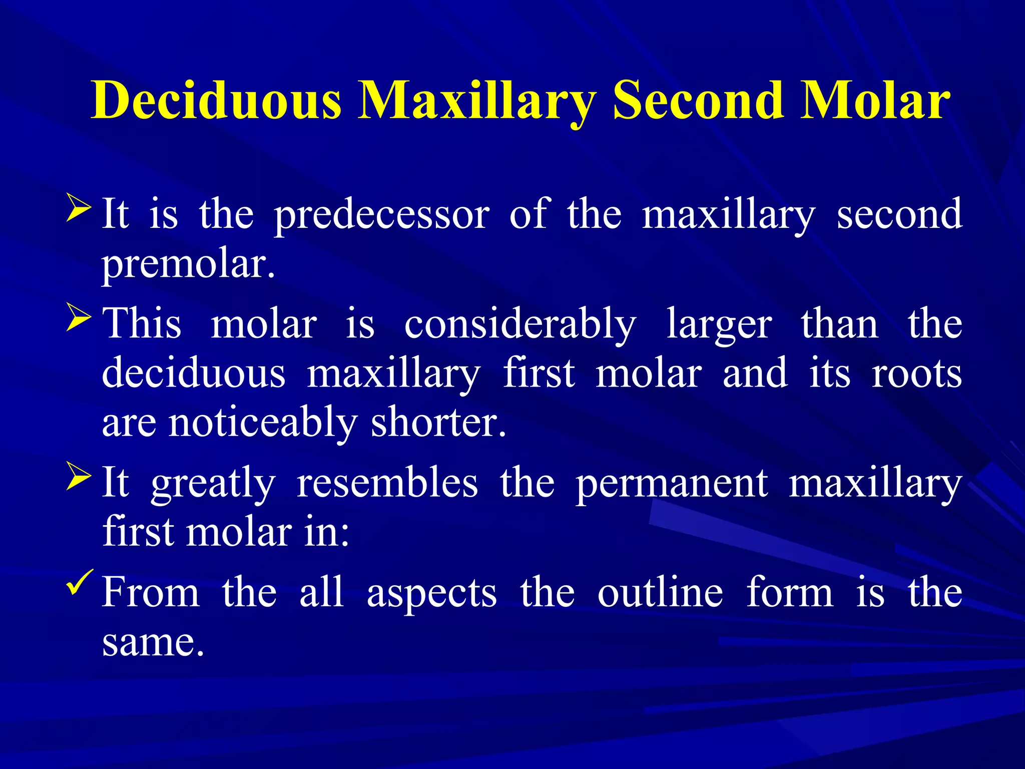 Deciduous Maxillary Second Molar
It is the predecessor of the maxillary second
premolar.
This molar is considerably larger than the
deciduous maxillary first molar and its roots
are noticeably shorter.
It greatly resembles the permanent maxillary
first molar in:
From the all aspects the outline form is the
same.
 