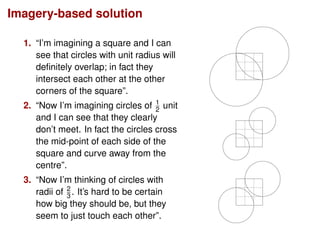 Imagery-based solution
1. “I’m imagining a square and I can
see that circles with unit radius will
deﬁnitely overlap; in f...
