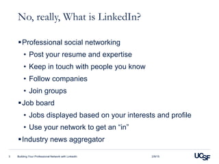 No, really, What is LinkedIn?
Professional social networking
• Post your resume and expertise
• Keep in touch with people you know
• Follow companies
• Join groups
Job board
• Jobs displayed based on your interests and profile
• Use your network to get an “in”
Industry news aggregator
Building Your Professional Network with LinkedIn3 2/9/15
 