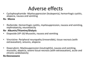 Adverse effects
• Cyclophosphamide -Myelosuppression (leukopenia), hemorrhagic cystitis,
alopecia, nausea and vomiting
Rx- Mesna
• Ifosfamide- Hemorrhagic cystitis, myelosuppression, nausea and vomiting,
nephrotoxicity, neurotoxicity
Rx- Albumin/Thiamine/Dialysis
• Etoposide (VP-16) Mucositis, nausea and vomiting
• Vincristine- Peripheral neuropathy (irreversible), tissue necrosis (with
extravasation), seizures, alopecia
• Doxorubicin- Myelosuppression (neutrophils), nausea and vomiting,
mucositis, alopecia, severe tissue necrosis (with extravasation), acute and
chronic cardiotoxicity
Rx-Dexrazoxane
 