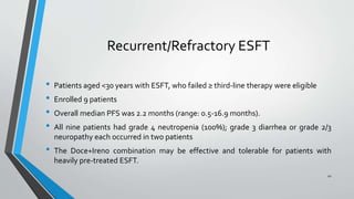 Recurrent/Refractory ESFT
• Patients aged <30 years with ESFT, who failed ≥ third-line therapy were eligible
• Enrolled 9 patients
• Overall median PFS was 2.2 months (range: 0.5-16.9 months).
• All nine patients had grade 4 neutropenia (100%); grade 3 diarrhea or grade 2/3
neuropathy each occurred in two patients
• The Doce+Ireno combination may be effective and tolerable for patients with
heavily pre-treated ESFT.
41
 