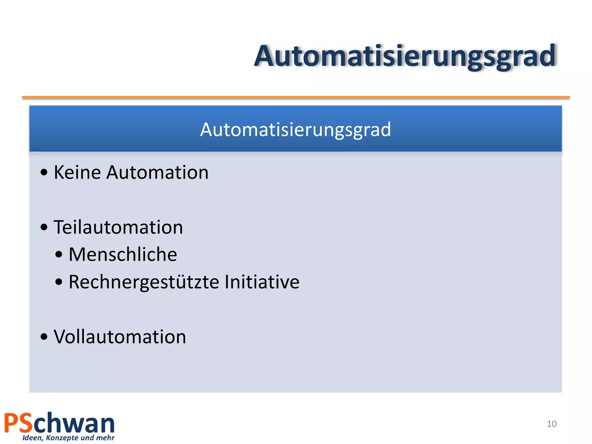 Automatisierungsgrad

                   Automatisierungsgrad

• Keine Automation

• Teilautomation
  • Menschliche
  • Rechnergestützte Initiative

• Vollautomation


                                            10
 