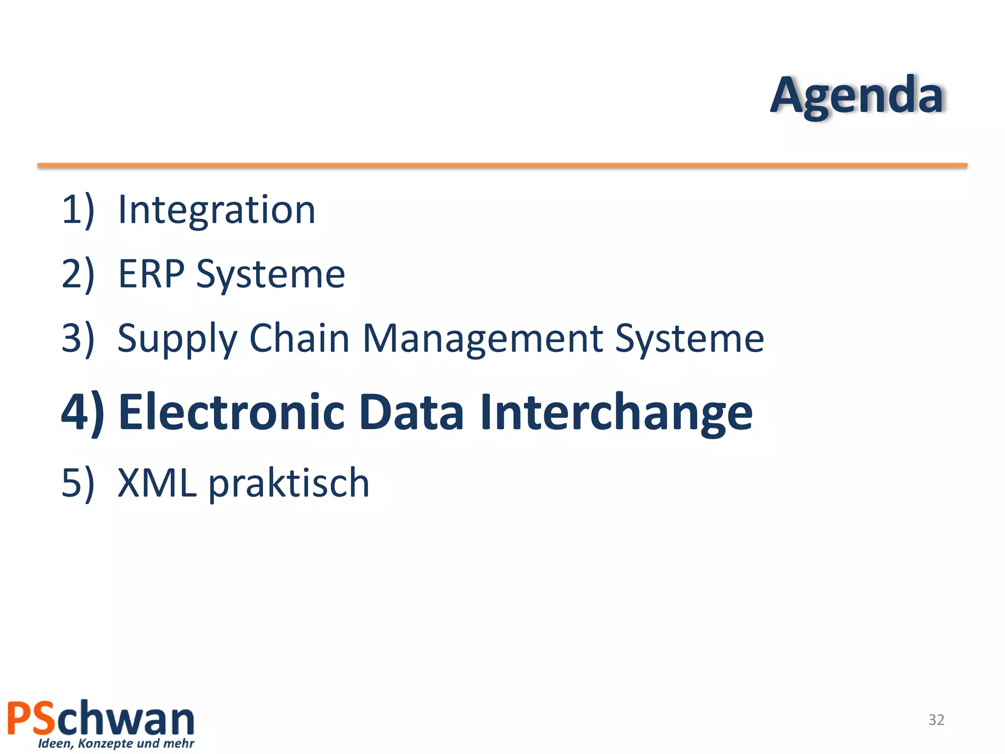 Agenda
1) Integration
2) ERP Systeme
3) Supply Chain Management Systeme
4) Electronic Data Interchange
5) XML praktisch




                                          32
 