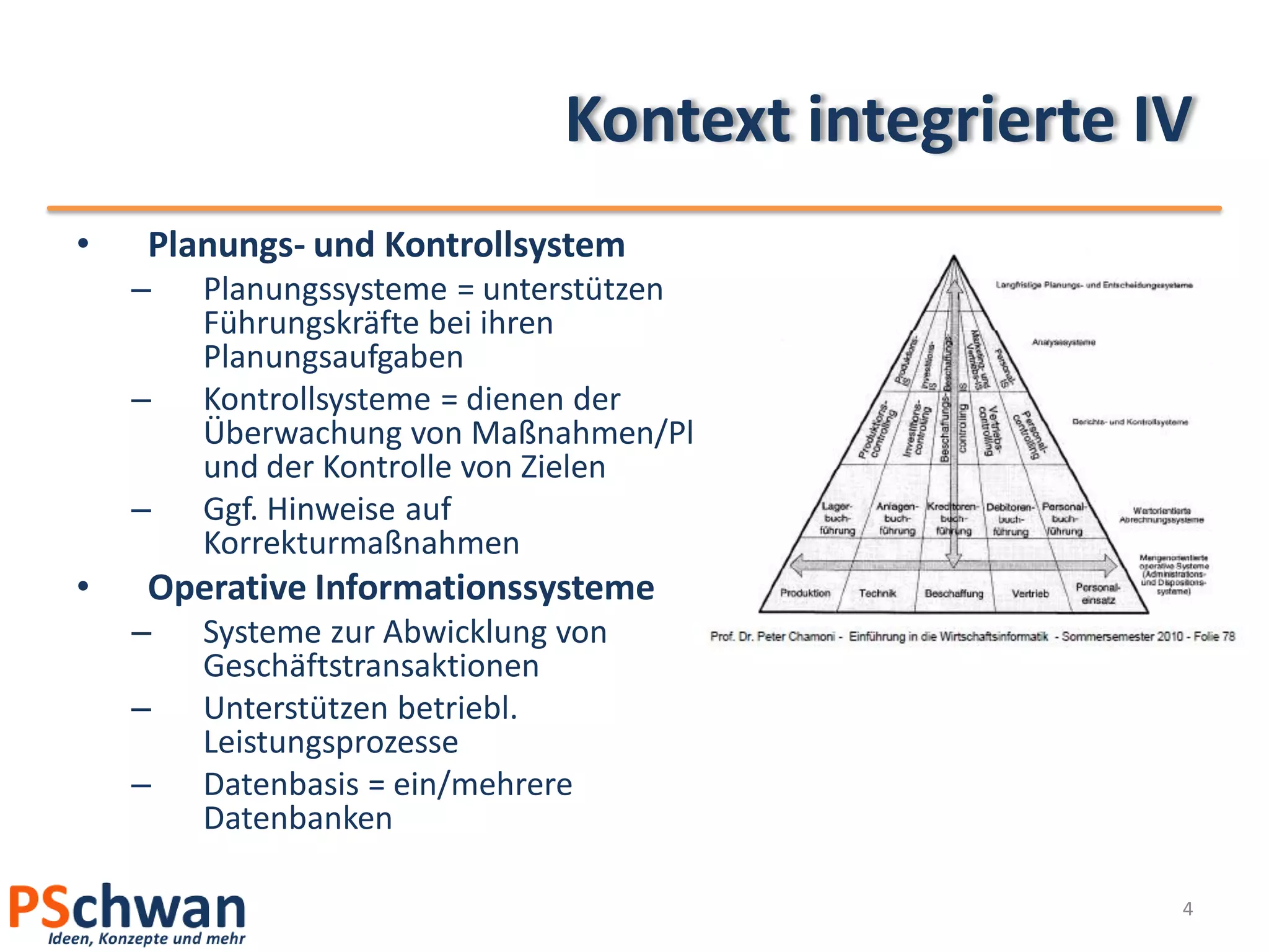 Kontext integrierte IV
•   Planungs- und Kontrollsystem
    –   Planungssysteme = unterstützen
        Führungskräfte bei ihren
        Planungsaufgaben
    –   Kontrollsysteme = dienen der
        Überwachung von Maßnahmen/Plänen
        und der Kontrolle von Zielen
    –   Ggf. Hinweise auf
        Korrekturmaßnahmen
•   Operative Informationssysteme
    –   Systeme zur Abwicklung von
        Geschäftstransaktionen
    –   Unterstützen betriebl.
        Leistungsprozesse
    –   Datenbasis = ein/mehrere
        Datenbanken

                                                    4
 