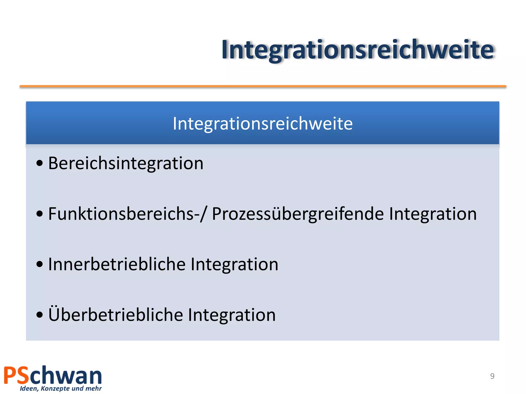 Integrationsreichweite

                 Integrationsreichweite

• Bereichsintegration

• Funktionsbereichs-/ Prozessübergreifende Integration

• Innerbetriebliche Integration

• Überbetriebliche Integration

                                                         9
 