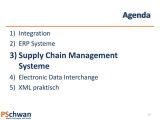 Agenda
1) Integration
2) ERP Systeme
3) Supply Chain Management
   Systeme
4) Electronic Data Interchange
5) XML praktisch


                                      23
 