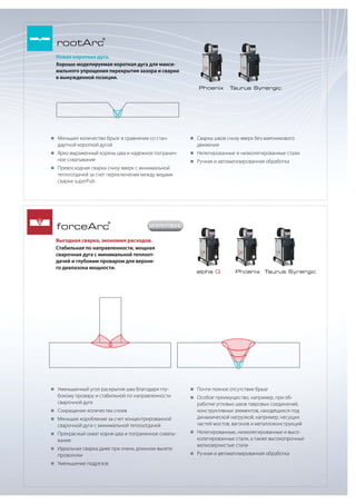 rootArc

®

Новая короткая дуга.
Хорошо моделируемая короткая дуга для максимального упрощения перекрытия зазора и сварки
в вынужденной позиции.
Phoenix

„„
Меньшее количество брызг в сравнении со стан-

дартной короткой дугой

Taurus Synergic

„„
Сварка швов снизу вверх без маятникового

движения

„„
Ярко выраженный корень шва и надежное погранич-

ное схватывание

„„
Нелегированные и низколегированные стали
„„
Ручная и автоматизированная обработка

„„
Превосходная сварка снизу вверх с минимальной

теплоотдачей за счет переключения между видами
сварки superPuls

forceArc

®

ЗАПАТЕНТОВАНО

Выгодная сварка, экономия расходов.
Стабильная по направленности, мощная
сварочная дуга с минимальной теплоотдачей и глубоким проваром для верхнего диапазона мощности.

„„
Уменьшенный угол раскрытия шва благодаря глу-

бокому провару и стабильной по направленности
сварочной дуге
„„
Сокращение количества слоев
„„
Меньшее коробление за счет концентрированной

сварочной дуги с минимальной теплоотдачей
„„
Прекрасный охват корня шва и пограничное схваты-

вание
„„
Идеальная сварка даже при очень длинном вылете

проволоки
„„
Уменьшение подрезов

alpha Q

Phoenix Taurus Synergic

„„
Почти полное отсутствие брызг
„„
Особое преимущество, например, при об-

работке угловых швов тавровых соединений,
конструктивных элементов, находящихся под
динамической нагрузкой, например, несущих
частей мостов, вагонов и металлоконструкций
„„
Нелегированные, низколегированные и высо-

колегированные стали, а также высокопрочные
мелкозернистые стали
„„
Ручная и автоматизированная обработка

 