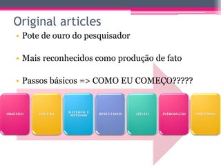 Original articles 
• Pote de ouro do pesquisador 
• Mais reconhecidos como produção de fato 
• Passos básicos => COMO EU COMEÇO????? 
OBJETIVO LEITURA 
MATERIAL E 
MÉTODOS 
RESULTADOS TÍTULO INTRODUÇÃO DISCUSSAO 
 