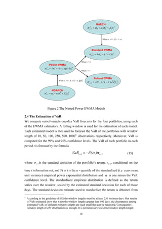 10
GARCH
2
t1
2
t10
2
1t rβσαασ ++=+
GARCH
2
t1
2
t10
2
1t rβσαασ ++=+
Standard EWMA
2
t
2
t
2
1t r)1( λλσσ −+=+
Standard EWMA
2
t
2
t
2
1t r)1( λλσσ −+=+
Power EWMA
k
t
k
t
k
1t r)k(g)1( λλσσ −+=+
Power EWMA
k
t
k
t
k
1t r)k(g)1( λλσσ −+=+
Robust EWMA
tt1t r2)1( λλσσ −+=+
Robust EWMA
tt1t r2)1( λλσσ −+=+
NGARCH
k
t1
k
t10
k
1t rβσαασ ++=+
NGARCH
k
t1
k
t10
k
1t rβσαασ ++=+
When ( ) ( )kg10α 110 αβ −== 、
When k = 1
When k = 2
When 110 10、α αβ −==
2.4 The Estimation of VaR
We compute out-of-sample one-day VaR forecasts for the four portfolios, using each
of the EWMA estimators. A rolling window is used for the estimation of each model.
Each estimated model is then used to forecast the VaR of the portfolios with window
length of 10, 50, 100, 250, 500, 10004
observations respectively. Moreover, VaR is
computed for the 99% and 95% confidence levels. The VaR of each portfolio in each
period t is forecast by the formula
1t1t )(VaR ++ −= σαδ (15)
where 1+tσ is the standard deviation of the portfolio’s return, r 1+t , conditional on the
time t information set, andδ (α ) is theα - quantile of the standardized (i.e. zero mean,
unit variance) empirical power exponential distribution and α is one minus the VaR
confidence level. The standardized empirical distribution is defined as the return
series over the window, scaled by the estimated standard deviation for each of those
days. The standard deviation estimate used to standardize the return is obtained from
4
According to the guideline of BIS the window lengths must be at least 250 business days. Our results
of VaR estimated show that when the window lengths greater than 100 days, the discrepancy among
estimated VaRs of different window lengths are such small that can be neglected. Consequently,
window length of 250 observations is enough. It is not necessary to extend window length longer.
Figure 2 The Nested Power EWMA Models
 