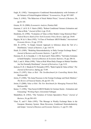 23
Engle, R. (1982), “Autoregressive Conditional Heteroskedasticity with Estimates of
the Variance of United Kingdom Inflation,” Econometrica, 50, pp. 987-1007.
Fama, E. (1965), “The Behaviour of Stock Market Prices,” Journal of Business, 38,
pp.34–105.
Greene, W. H. (2000), Econometric Analysis, Prentice Hall.
Guermat, C. & R. D. F. Harris (2002), “Robust Conditional Variance Estimation and
Value at Risk, ” Journal of Risk, 4, pp. 25-41.
Hendricks, D. (1996), “Evaluation of Value at Risk Models Using Historical Data,”
Federal Reserve Bank of New York Economic Policy Review, April, pp. 39-69.
Higgins, M. & A. Bera (1992), “A Class of Nonlinear ARCH Models,” International
Economic Review, 33, pp. 137-58.
Hill, B. (1975), “A Simple General Approach to Inference about the Tail of a
Distribution,” Annals of Statistics, 3, pp. 1163-74.
Hsieh, D. (1989), “Modeling Heteroskedasticity in Daily Foreign Exchange Rates,”
Journal of Business and Economic Statistics, 7, pp.307–317.
Huisman, R., K. G. Koedijk, C. J. M. Kool and F. Palm (2001), “Tail-Index Estimates
in Samll Samples,” Journal of Business & Economic Statistics, 19, pp. 208-16.
Hull, J. and A. White (1998), “Value at Risk When Daily Changes in Market Variables
Are Not Normally Distributed,” Journal of Derivatives, 5, pp. 9-19.
Jackson, P., D. J. Maude & W. Perraudin (1997), “Bank Capital & Value at Risk,” The
Journal of Derivatives, Spring, pp. 73-89.
Jorion, P. (1997), Value at Risk：The NewBenchmark for Controlling Market Risk,
McGraw-Hill.
Jorion, P. (1988), “On Jump Processes in the Foreign Exchange and Stock Markets,”
The Review of Financial Studies, 68, pp.165–176.
Jorion, P. (2000), Value at Risk: The New Benchmark for Managing Financial Risk,
McGraw-Hill.
Kaiser, T. (1996), “One-Factor-GARCH Models for German Stocks - Estimation and
Forecasting,” Working Paper, Universiteit Tubingen
Mandelbrot, B. (1963), “The Variation of Certain Speculative Prices,” Journal of
Business, 36, pp.394–419.
Vlaar, P., and F. Palm (1993), “The Message in Weekly Exchange Rates in the
European Monetary System: Mean Reversion, Conditional Heteroskedasticity
and Jumps,” Journal of Business and Economic Statistics, 11, pp.351–360.
 