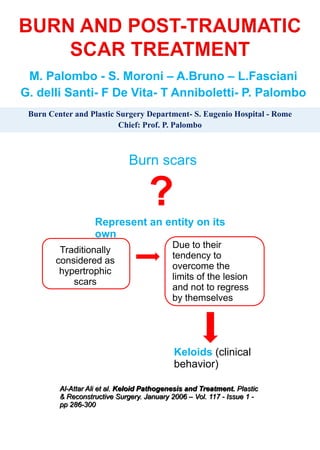 Burn Center and Plastic Surgery Department- S. Eugenio Hospital - Rome
Chief: Prof. P. Palombo
M. Palombo - S. Moroni – A.Bruno – L.Fasciani
G. delli Santi- F De Vita- T Anniboletti- P. Palombo
Burn scars
?Represent an entity on its
own
Traditionally
considered as
hypertrophic
scars
Due to their
tendency to
overcome the
limits of the lesion
and not to regress
by themselves
Keloids (clinical
behavior)
Al-Attar Ali et al. Keloid Pathogenesis and Treatment. Plastic
& Reconstructive Surgery. January 2006 – Vol. 117 - Issue 1 -
pp 286-300
 