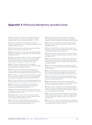 JOURNAL OF WOUND CARE  Vol 22. No 1. EWMA Documen t 2013  S 49
Appendix 4. Mechanical debridement, excluded articles
1 Edstrom, L.E., Robson, M.C., Macchiaverna, J.R., Scala,A.D. Prospective
randomized treatments for burned hands: nonoperative vs operative.
Preliminary report. Scand J Plast Reconstr Surg. 1979; 13: 131–135.
2 Xakellis, G.C., Chrischilles, E.A. Hydrocolloid versus saline-gauze
dressings in treating pressure ulcers: a cost-effectiveness analysis.Arch Phys
Med Rehabil. 1992; 73: 463–469.
3 Brown, G.S. Reporting outcomes for stage IV pressure ulcer healing: a
proposal.Adv Skin Wound Care. 2000; 13: 277–283.
4 Piaggesi,A., Baccetti, F., Rizzo, L. et al. Sodium carboxyl-methyl-cellulose
dressings in the management of deep ulcerations of diabetic foot. Diabet
Med. 2001; 18: 320–324.
5 Caravaggi, C., De Giglio, R., Pritelli, C. et al. HYAFF 11-based autologous
dermal and epidermal grafts in the treatment of noninfected diabetic
plantar and dorsal foot ulcers: a prospective, multicenter, controlled,
randomized clinical trial. Diabetes Care. 2003; 26: 2853–2859.
6 Eginton, M.T., Brown, K.R., Seabrook, G.R. et al.A prospective
randomized evaluation of negative-pressure wound dressings for diabetic
foot wounds.AnnVasc Surg. 2003; 17: 645–649.
7 Wanner, M.B., Schwarzl, F., Strub, B. et al.Vacuum-assisted wound
closure for cheaper and more comfortable healing of pressure sores: a
prospective study. Scand J Plast Reconstr Surg Hand Surg. 2003; 37: 28–33.
8 Allie, D.E., Hebert, C.J., Lirtzman, M.D. et al. Novel treatment strategy for
leg and sternal wound complications after coronary artery bypass graft
surgery: bioengineered Apligraf.AnnThorac Surg. 2004; 78: 673–678.
9 Cohn, S.M., Lopez, P.P., Brown, M. et al. Open surgical wounds: how does
Aquacel compare with wet-to-dry gauze? J Wound Care. 2004; 13: 10–12.
10 Mouës, C.M.,Vos, M.C., van den Bemd, G.J. et al. Bacterial load in
relation to vacuum-assisted closure wound therapy: a prospective
randomized trial.Wound Repair Regen. 2004; 12: 11–17.
11 Brigido, S.A.The use of an acellular dermal regenerative tissue matrix
in the treatment of lower extremity wounds: a prospective 16-week pilot
study. Int Wound J. 2006; 3: 181–187.
12 Huang,W.S., Hsieh, S.C., Hsieh, C.S. et al. Use of vacuum-assisted
wound closure to manage limb wounds in patients suffering from acute
necrotizing fasciitis.Asian J Surg. 2006; 29: 135–139.
13 Yao, C.,Yao, P.,Wu, H., Zha, Z.Acceleration of wound healing in
traumatic ulcers by absorbable collagen sponge containing recombinant
basic fibroblast growth factor. Biomed Mater. 2006; 1: 33–37.
14 Mouës, C.M., van den Bemd, G.J., Heule, F., Hovius, S.E. Comparing
conventional gauze therapy to vacuum-assisted closure wound therapy: a
prospective randomised trial. J Plast Reconstr Aesthet Surg. 2007; 60: 672–681
15 Koller, J., Bukovcan, P., Orság, M. et al. Enzymatic necrolysis of acute
deep burns—report of preliminary results with 22 patients.Acta Chir
Plast. 2008; 50: 4, 109–114.
16 Wang, J.W.,Teng,Y.J. Efficacy of ionic silver dressing and gel in local
treatment of dog bite wounds: a randomised control study [in Chinese]. J
Clin RehabilTissue Eng Res. 2008; 12: 2659–2662.
17 El-Nahas, M., Gawish, H.,Tarshoby, M., State, O.The impact of topical
phenytoin on recalcitrant neuropathic diabetic foot ulceration. J Wound
Care. 2009; 18: 33–37.
18 Saba, S.C.,Tsai, R., Glat, P. Clinical evaluation comparing the efficacy of
aquacel ag hydrofiber dressing versus petrolatum gauze with antibiotic
ointment in partial-thickness burns in a pediatric burn center. J Burn Care
Res. 2009; 30: 380–385.
19 Martin, F.T., O’Sullivan, J.B., Regan, P.J. et al. Hydrocolloid dressing in
pediatric burns may decrease operative intervention rates. J Pediatr Surg.
2010; 45: 600–605.
20 Perez, D., Bramkamp, M., Exe, C. et al. Modern wound care for the
poor: a randomized clinical trial comparing the vacuum system with
conventional saline-soaked gauze dressings.Am J Surg. 2010; 199: 14–20.
21 Solway, D.R., Clark,W.A., Levinson, D.J.A parallel open-label trial to
evaluate microbial cellulose wound dressing in the treatment of diabetic
foot ulcers. Int Wound J. 2011; 8: 69–73.
22 Brenes, R.A., Sobotka, L.,Ajemian, M.S. et al. Hyaluronate-iodine
complex: a new adjunct for the management of complex sternal wounds
after a cardiac operation.Arch Surg. 2011; 146: 1323–1325.
23 Uccioli, L., Giurato, L., Ruotolo,V. et al.Two-step autologous grafting
using HYAFF scaffolds in treating difficult diabetic foot ulcers: results of a
multicenter, randomized controlled clinical trial with long-term follow-up.
Int J Low Extrem Wounds. 2011; 10: 80–85.
24 Warriner, R.A. 3rd, Cardinal, M.,TIDE Investigators. Human fibroblast-
derived dermal substitute: results from a treatment investigational device
exemption (TIDE) study in diabetic foot ulcers.Adv Skin Wound Care.
2011; 24: 306–311.
25 Zhen, Z.J., Lai, E.C., Lee, Q.H. et al. Conventional wound management
versus a closed suction irrigation method for infected laparotomy wound-
-a comparative study. Int J Surg. 2011; 9: 378–381.
 