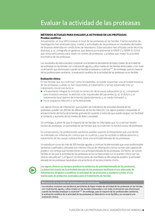 FUNCIÓN DE LAS PROTEASAS EN EL DIAGNÓSTICO DE HERIDAS | 6
Evaluar la actividad de las proteasas
MÉTODOS ACTUALES PARA EVALUAR LA ACTIVIDAD DE LAS PROTEASAS
Pruebas analíticas
Actualmente, es muy difícil evaluar el nivel de las proteasas en las heridas. Ciertos estudios de
investigación han analizado tipos, niveles y actividades de las proteasas en exudados derivados
de biopsias obtenidas en condiciones de laboratorio. Estos estudios han utilizado varias técnicas
distintas, p. ej. zimografía en gelatina, que detecta principalmente la MMP-2 y MMP-9, ELISA
que utiliza anticuerpos para medir los niveles de proteasas, y pruebas que miden la actividad
enzimática de las proteasas.
Los resultados de estos estudios muestran una tendencia persistente de bajos niveles de actividad de
las proteasas en las heridas con cicatrización aguda, y altos niveles en las heridas estancadas o con mala
cicatrización que disminuyen cuando las heridas empiezan a cicatrizar10,17
. Sin embargo, para la mayoría
de los profesionales sanitarios , la evaluación analítica de la actividad de las proteasas no es factible.
Evaluación clínica
En las heridas que no cicatrizan como se esperaba, se puede sospechar una actividad excesiva
de las proteasas cuando no han respondido al tratamiento o se han estancado tras un
tratamiento inicial con éxito si:
■■ el tratamiento integral ha incluido la corrección de la causa subyacente (p. ej., compresión
para la estasis venosa), la atención a las inquietudes del pacientes (p. ej. el dolor) y un
tratamiento local óptimo de la herida (desbridamiento y un medio húmedo), y
■■ no se sospecha infección o se ha descartado.
Los signos clínicos de inflamación, que pueden ser indicativos de actividad elevada de las
proteasas, pueden ser difíciles de diferenciar de los de infección. Los signos pueden comprender el
enrojecimiento del lecho de la herida, granulación ausente o reducida que puede sangrar con facilidad
al contacto, y aumento de los niveles de dolor y exudado.
Sin embargo, a pesar de que la mayoría de las heridas no infectadas que no cicatrizan tendrá
exceso de proteasas, un porcentaje de las heridas que no cicatrizan no tendrá exceso de proteasas.
En consecuencia, los profesionales sanitarios pueden suponer erróneamente que una herida
no infectada con inflamación crónica que no cicatriza, y que ha recibido la debida atención y
tratamiento de las causas subyacentes, tiene una actividad elevada de las proteasas.
Un estudio en curso de más de 100 heridas agudas y crónicas ha demostrado que unos profesionales
sanitarios cualificados utilizando los criterios clínicos de inflamación crónica no han sido capaces de
predecir con certeza qué heridas tienen una actividad elevada de las proteasas. De hecho, las únicas
heridas en las que la actividad de las proteasas se ha correlacionado con el examen clínico son las
úlceras vasculíticas31
. La Figura 2 (al dorso) pone de manifiesto la dificultad de predecir la actividad
elevada de las proteasas basándose únicamente en el reconocimiento clínico.
Los signos clínicos no siempre predicen la existencia de actividad elevada de las proteasas.
La detección exacta de la actividad elevada de las proteasas facilitaría el uso adecuado de
tratamientos dirigidos a modificar la actividad de las proteasas y ayudaría a evitar el uso
inadecuado de productos avanzados para el tratamiento de heridas
Relevancia de los niveles de proteasa para la cicatrización
Los estudios muestran una tendencia persistente de bajos niveles de actividad de las proteasas en las heridas
con cicatrización aguda, y altos niveles en las heridas estancadas o con mala cicatrización que disminuyen
cuando las heridas empiezan a cicatrizar10,17
. Sin embargo, para la mayoría de los profesionales sanitarios,
la evaluación analítica de la actividad de las proteasas en laboratorio no es factible y es necesaria una
evaluación clínica.
•
 